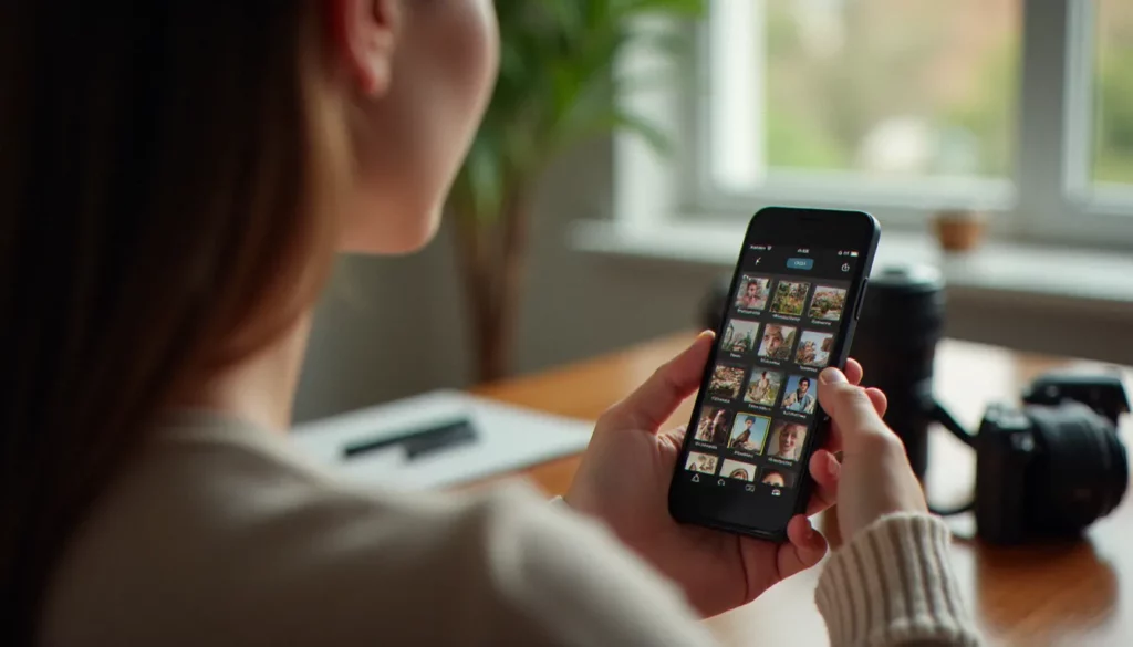 Photographe regardant les photos WhatsApp enregistrées automatiquement dans sa galerie sur smartphone, avec un appareil photo professionnel posé sur le bureau