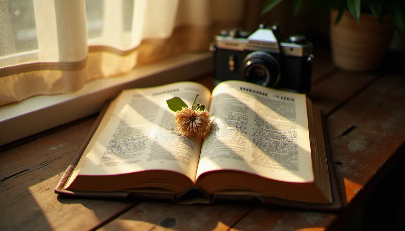 Dictionnaire français vintage ouvert sur la définition de photographie, posé près d'un appareil photo argentique sur une table en bois, éclairé par la lumière naturelle matinale pour illustrer l'origine linguistique de que son apocope photo.