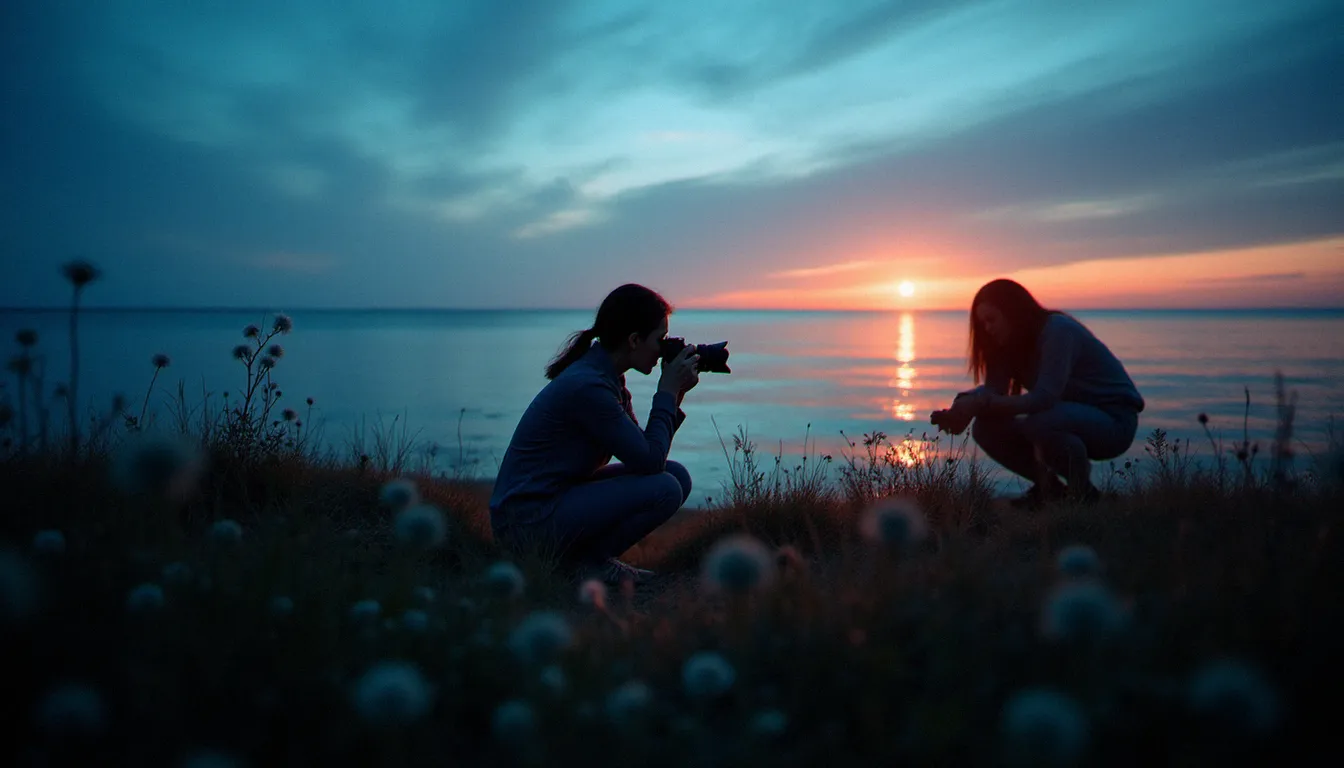 Photographe concentrée capturant des fleurs sauvages côtières à l'heure bleue dans une prairie atlantique, illustrant comment maîtriser la lumière naturelle transforme chaque photo en œuvre d'art poétique et maîtrisée.