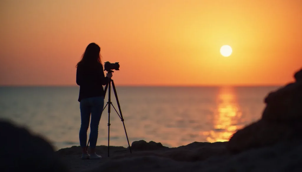Photographe attendant patiemment la lumière dorée naturelle au coucher du soleil sur le littoral atlantique, illustrant parfaitement ce que son apocope photo révèle sur l'art d'écrire avec la lumière.