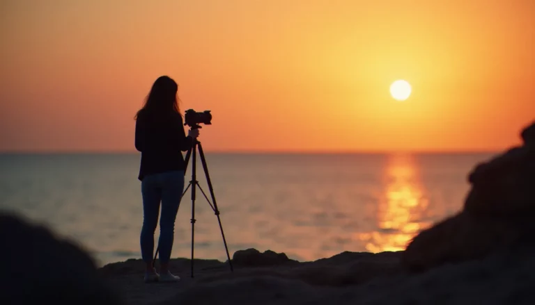 Photographe attendant patiemment la lumière dorée naturelle au coucher du soleil sur le littoral atlantique, illustrant parfaitement ce que son apocope photo révèle sur l'art d'écrire avec la lumière.