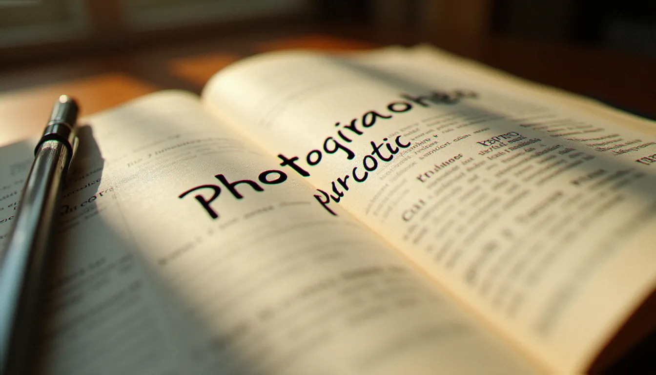 Dictionnaire français ouvert sur la définition de photographie avec son apocope photo soulignée à la plume, éclairé en lumière naturelle de fenêtre
