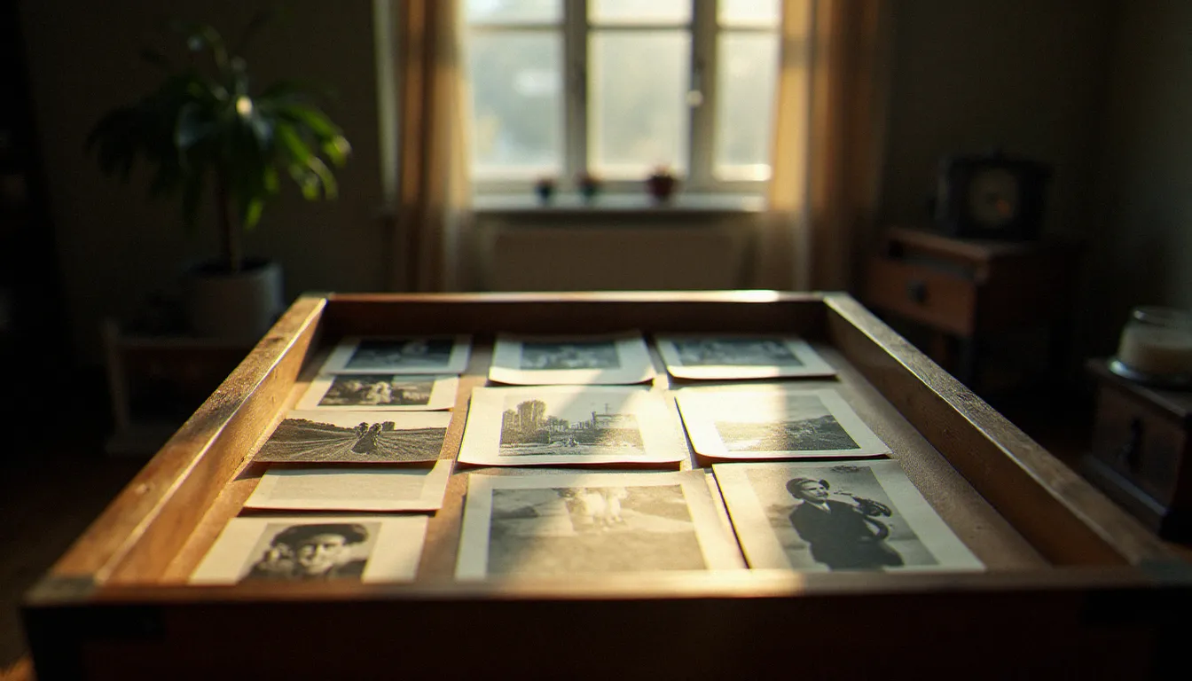 Table lumineuse vintage avec planches contact en noir et blanc illustrant la diversité des réalités que son apocope photo désignent selon les genres photographiques