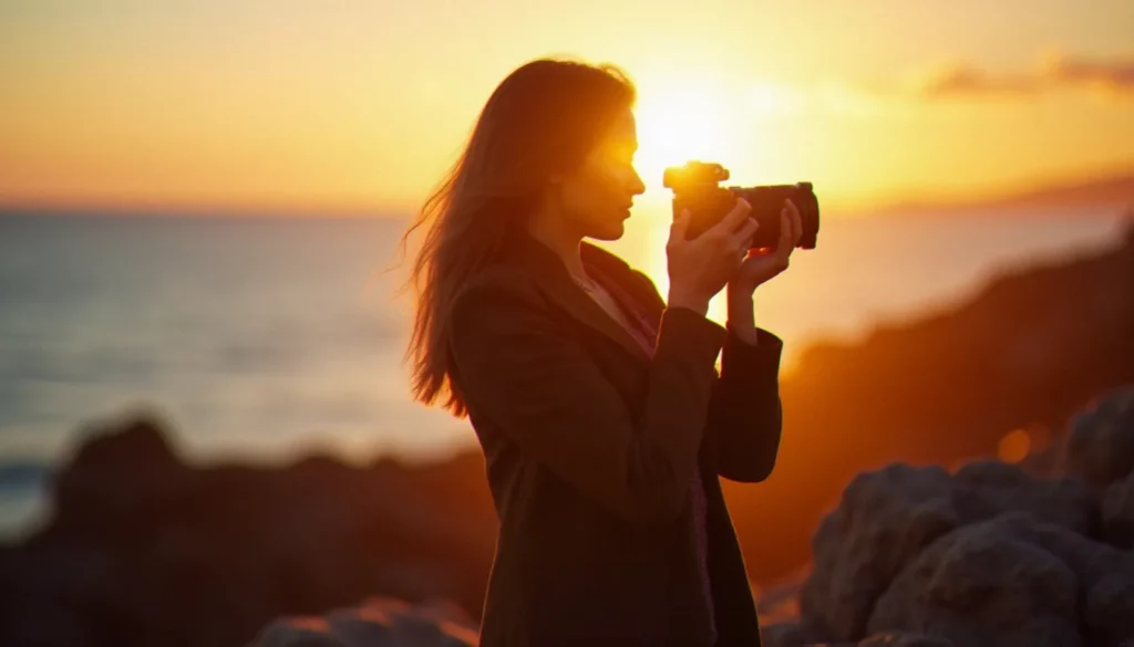 Photographe en lumière dorée sur le littoral atlantique illustrant ce que son apocope photo désignent comme pratique artistique de la lumière naturelle
