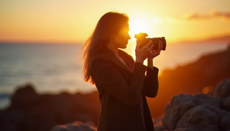 Photographe en lumière dorée sur le littoral atlantique illustrant ce que son apocope photo désignent comme pratique artistique de la lumière naturelle