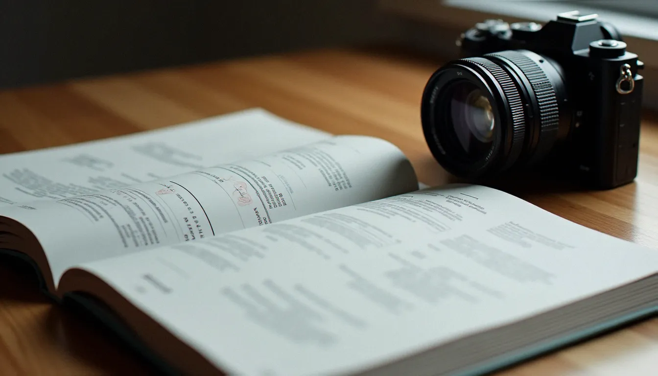 Manuel de photographie ouvert à côté d'un boîtier hybride, représentant l'apprentissage du vocabulaire et des apocopes utilisées en photographie
