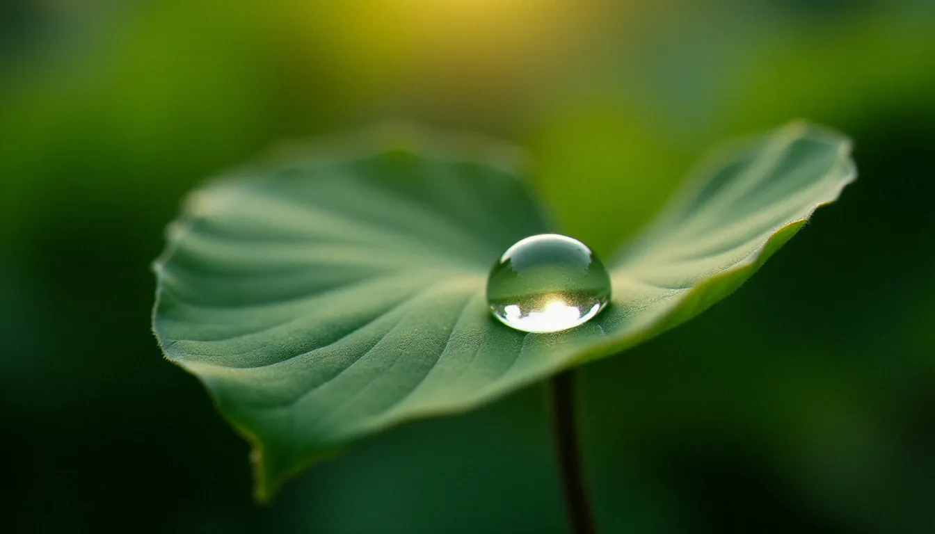 Objectif macro monté sur un appareil photo capturant une goutte d'eau sur une feuille, illustrant l'apocope photo « macro » qui désigne la macrophotographie