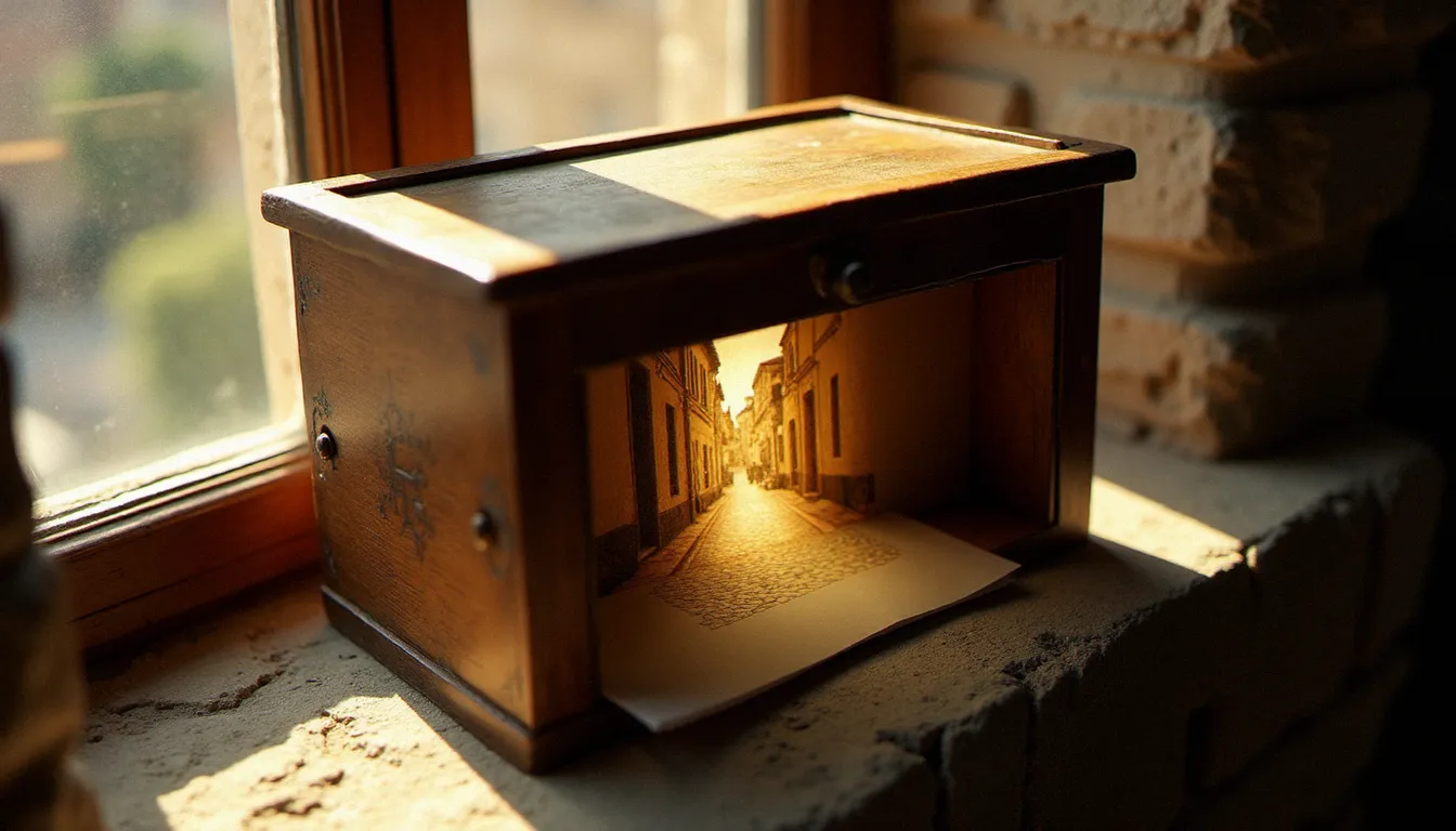 Chambre noire en bois du XVIIIe siècle posée sur un rebord de fenêtre en pierre, projetant une image inversée d'une rue sur du papier blanc, lumière naturelle dorée