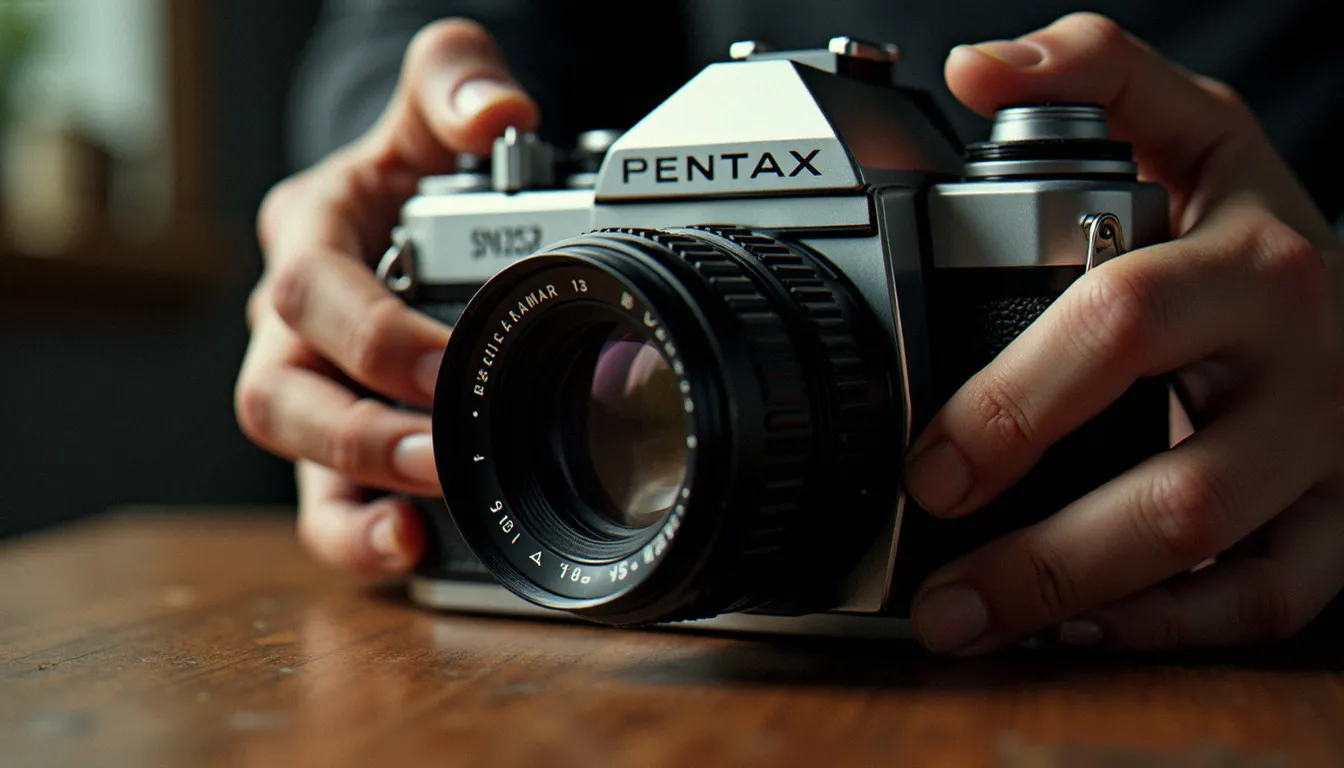 Mains tenant un reflex 35 mm vintage Pentax Spotmatic pour en lire le numéro de série gravé sur la semelle, sous une lumière naturelle diffuse