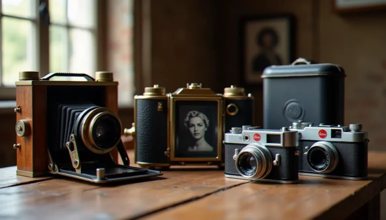 Collection d'appareils photographiques historiques posés sur une table en bois, incluant une chambre à soufflet en acajou et laiton, un daguerréotype, un Leica et un reflex bi-objectif
