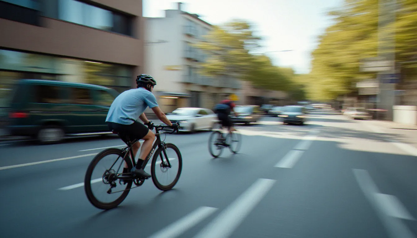 Photographie avec mouvement en technique de panning, cycliste relativement net sur fond de rue urbaine floutée horizontalement par le suivi de l'appareil