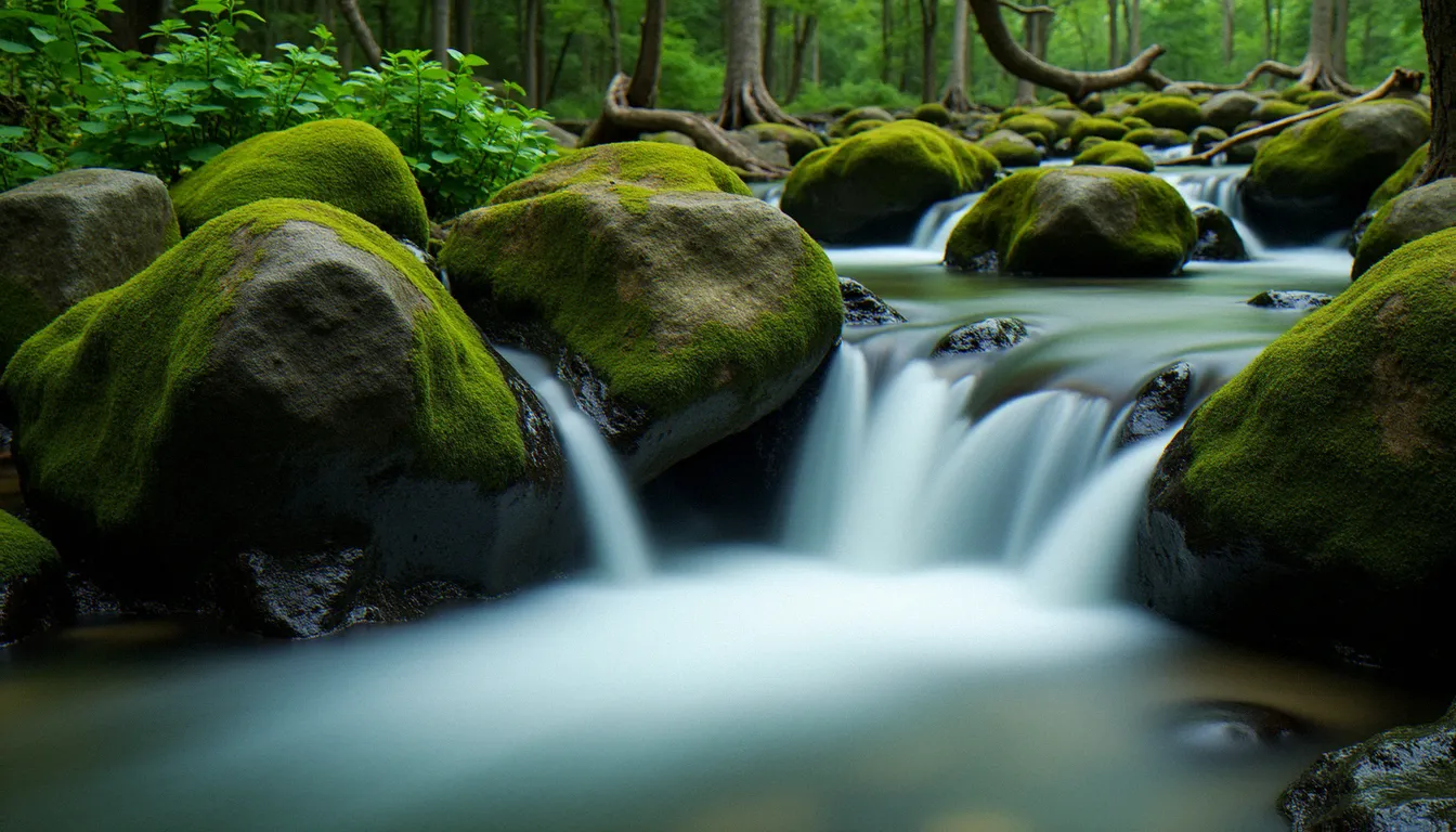 Cascade photographiée en pose longue dans une forêt, l'eau transformée en voile de soie blanc contrastant avec les rochers moussus nets au premier plan