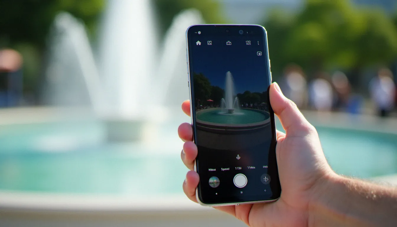 Main tenant un Samsung Galaxy en mode Pro avec réglage manuel de la vitesse d'obturation pour capturer une fontaine avec effet de mouvement soyeux en arrière-plan