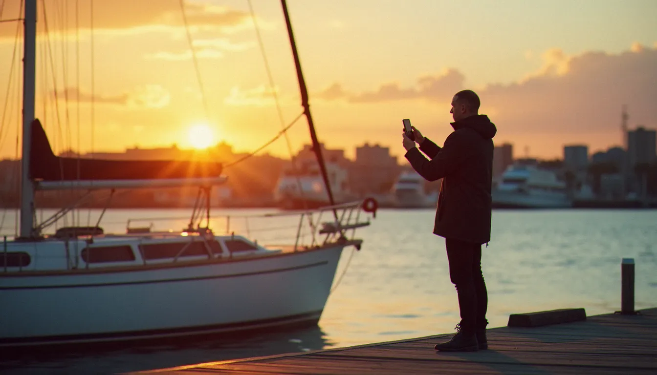 Photographe sur un quai de port à l'heure dorée réalisant un filé avec un smartphone Samsung en suivant un voilier, fond de port en trainée de mouvement