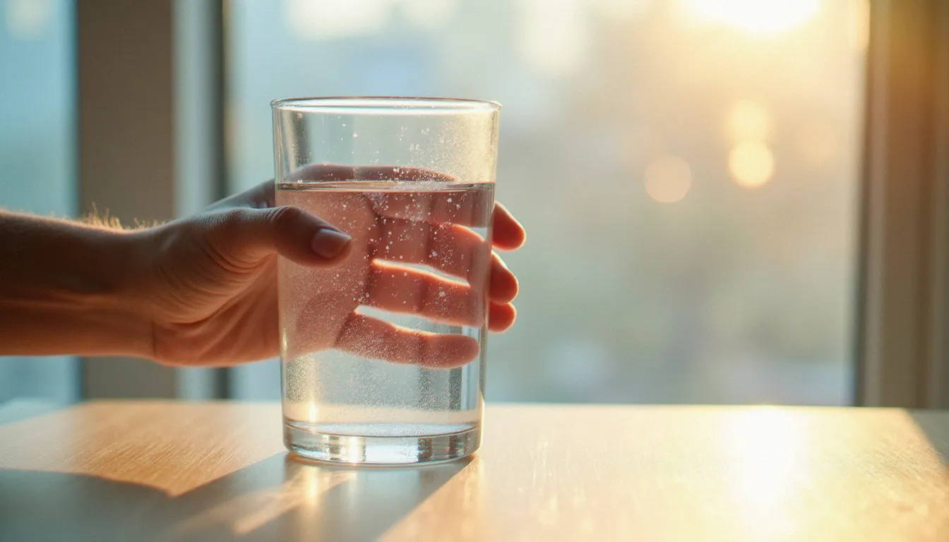 Gros plan d'un verre d'eau tenu à contre-jour devant une fenêtre lumineuse, montrant les effets de réfraction de la lumière naturelle à travers le liquide