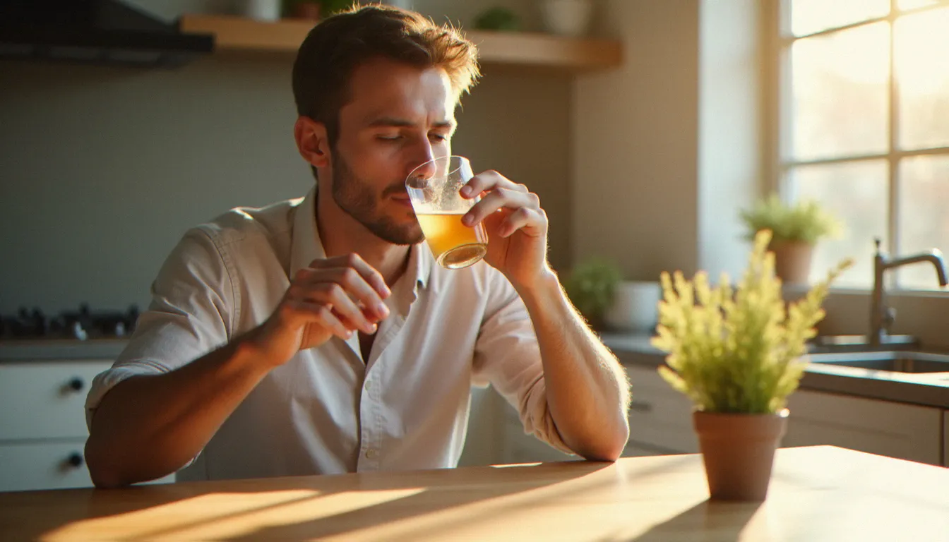 Homme en train de boire un verre d'eau dans une cuisine lumineuse en style lifestyle, mis en scène avec lumière naturelle matinale et décor épuré pour une photo authentique