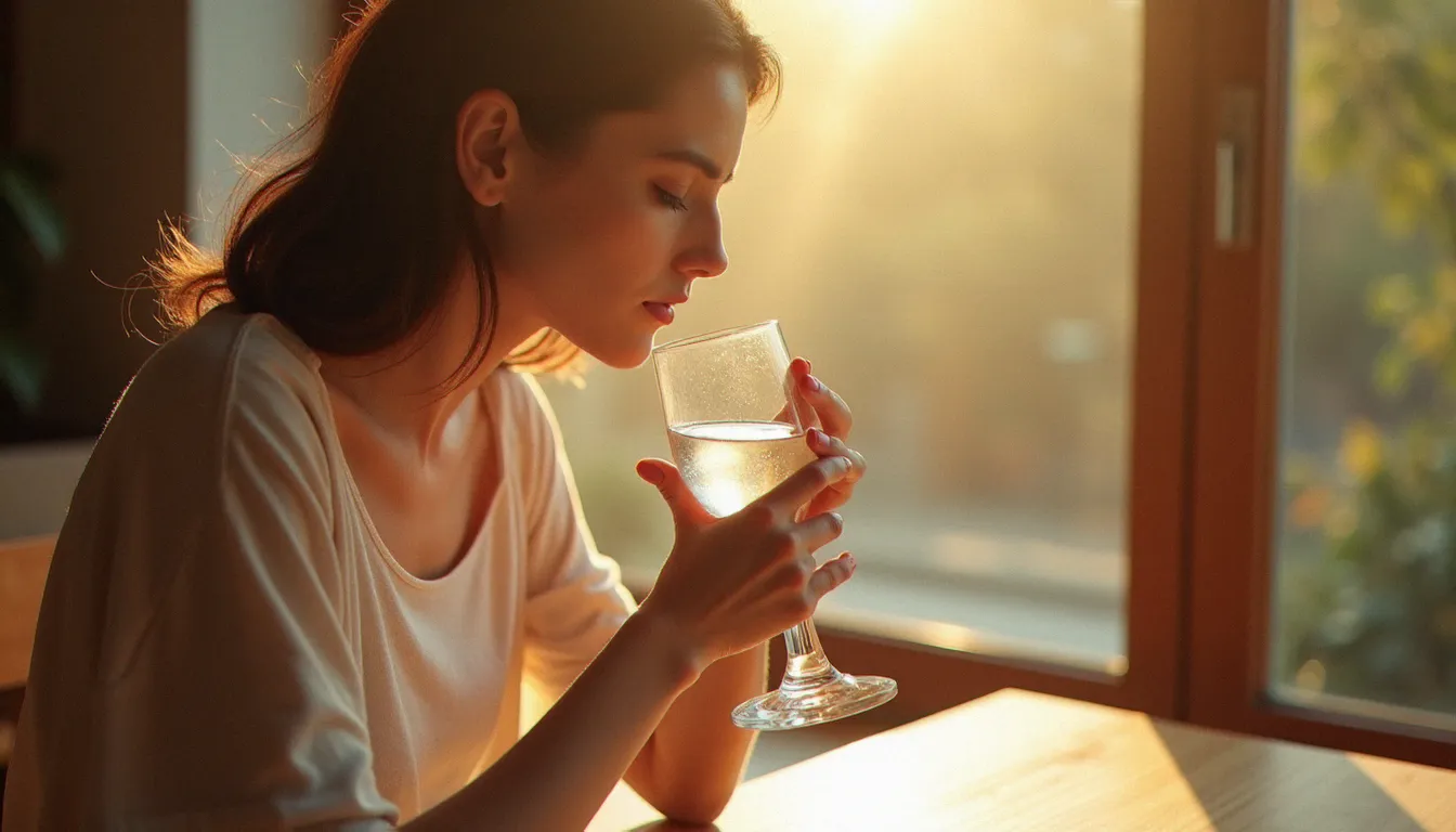 Photo d'une femme buvant un verre d'eau en lumière naturelle dorée près d'une fenêtre, illustrant comment photographier le geste de boire de l'eau