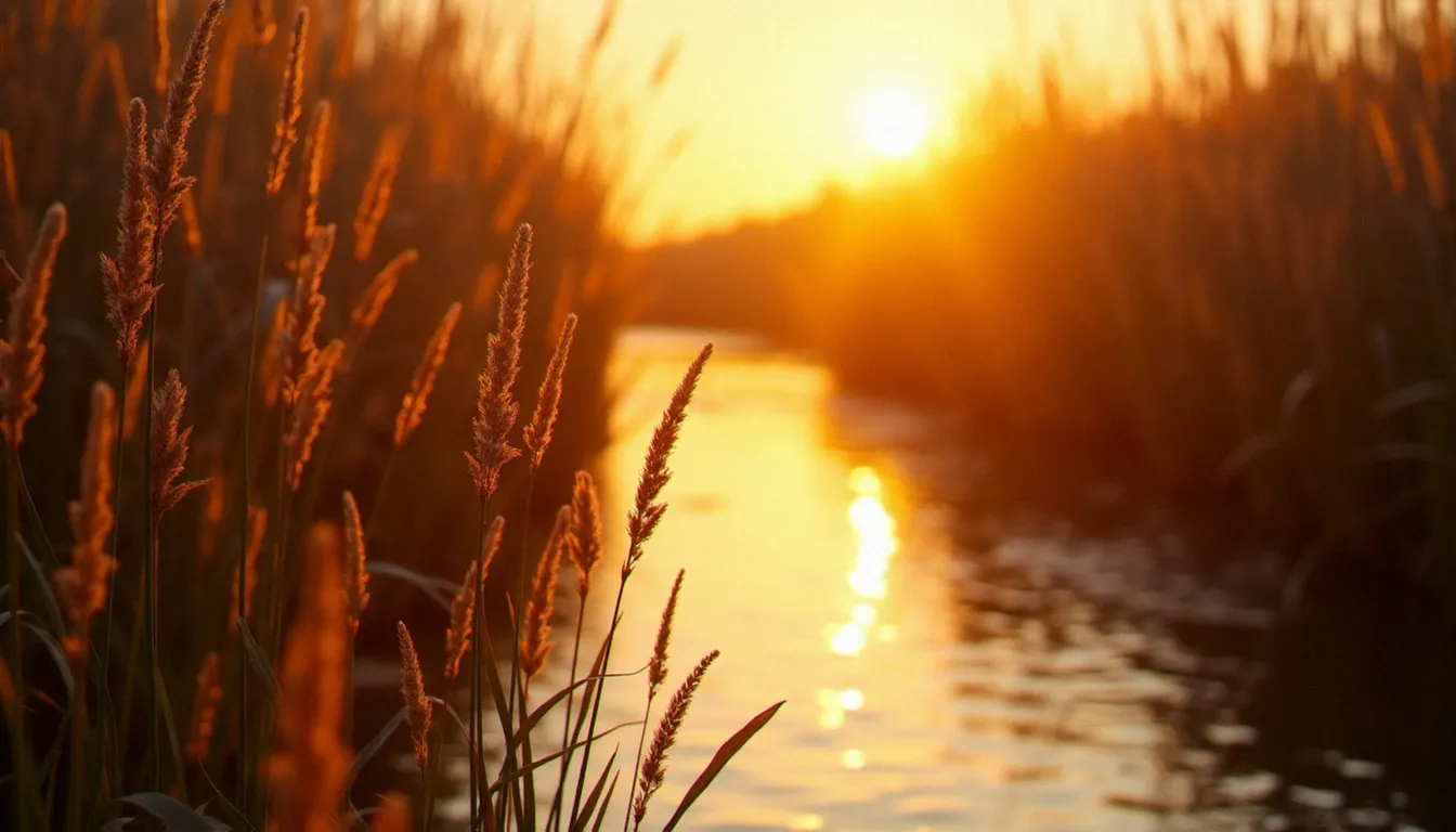 Lumière naturelle rasante traversant les roseaux d'un marais atlantique au lever du soleil, illustrant la qualité de la lumière que les photos désignent aussi