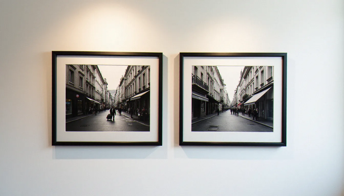 Comparaison de photographies de différentes époques exposées sur un mur de galerie, illustrant comment les photos désignent aussi leur époque et leur identité culturelle