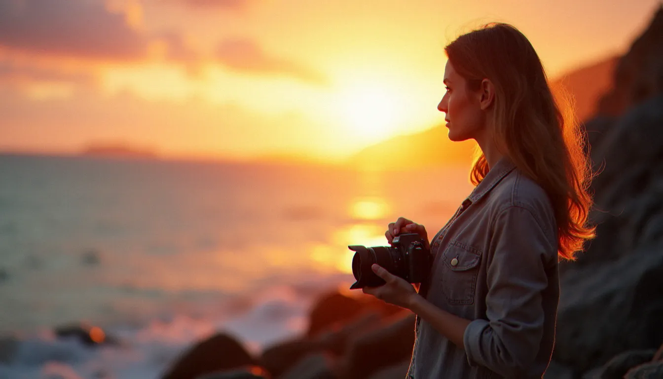 Photographe observant la lumière naturelle au coucher du soleil sur la côte atlantique, illustrant ce que les photos désignent aussi au-delà du visible