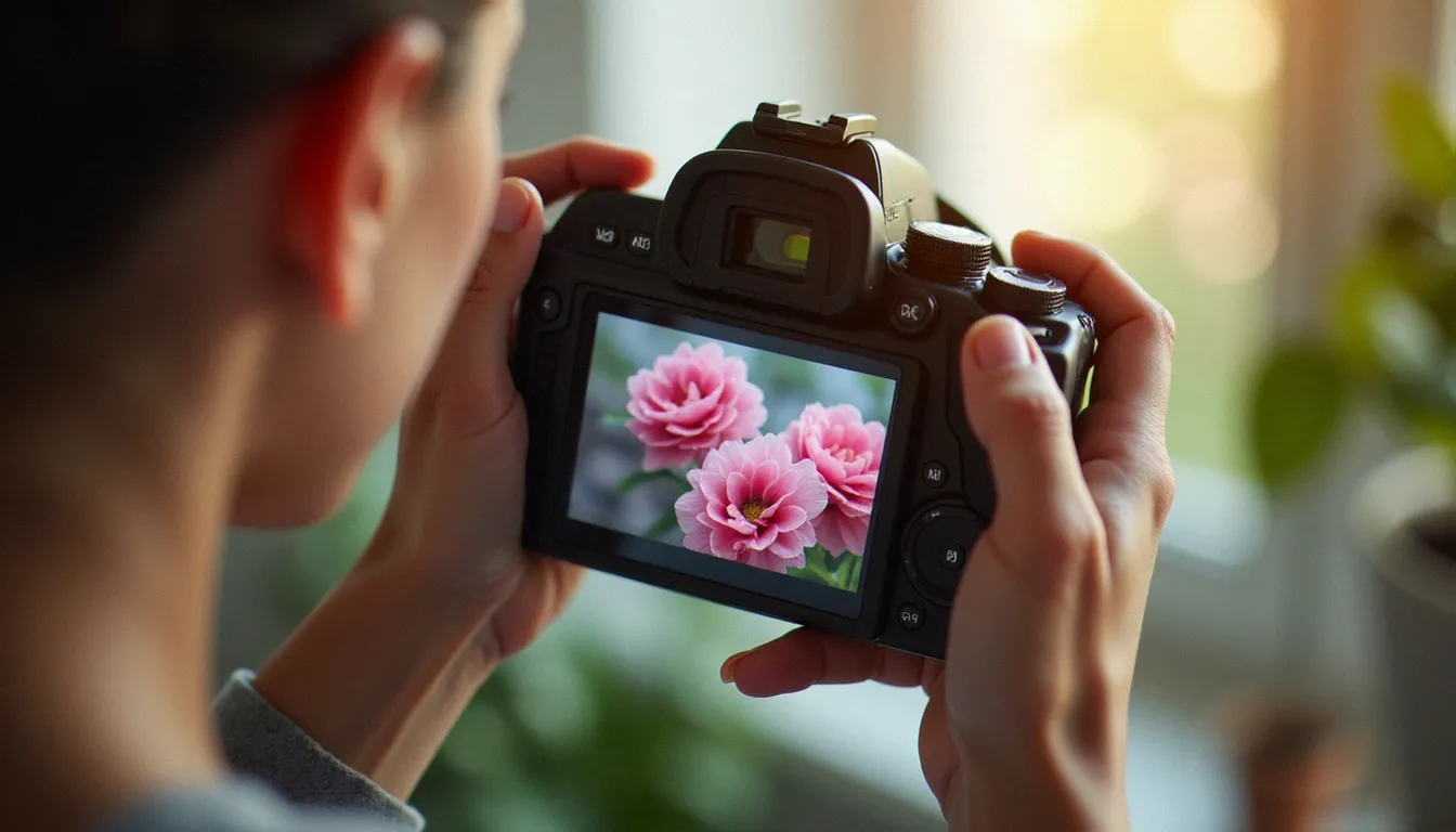 Mains de photographe tenant un appareil reflex affichant une photo de fleurs traitée en effet aquarelle, lumière naturelle latérale