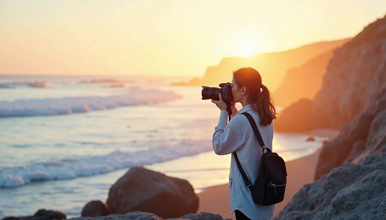 Portrait d'une photographe sur les rochers de la côte atlantique, traité en photo effet aquarelle avec des aplats de couleur translucides et une lumière dorée diffuse