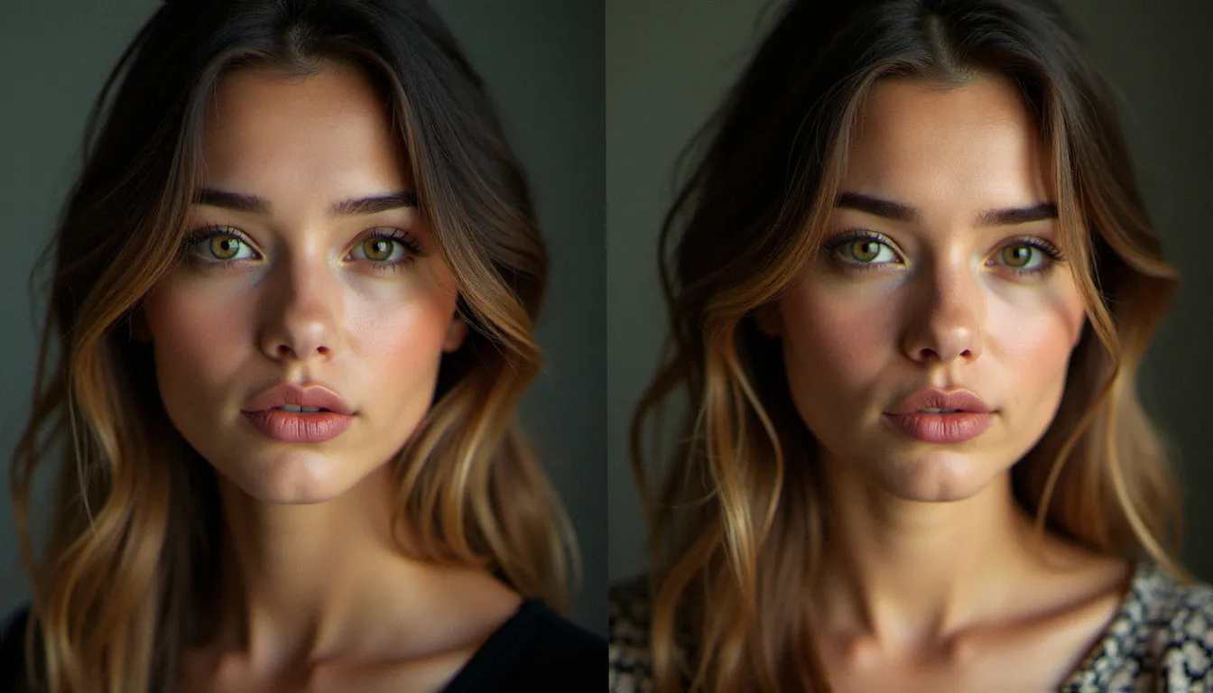 Comparaison côte à côte d'un portrait numérique brut et du même portrait traité avec un effet argentique, grain et tons chauds visibles