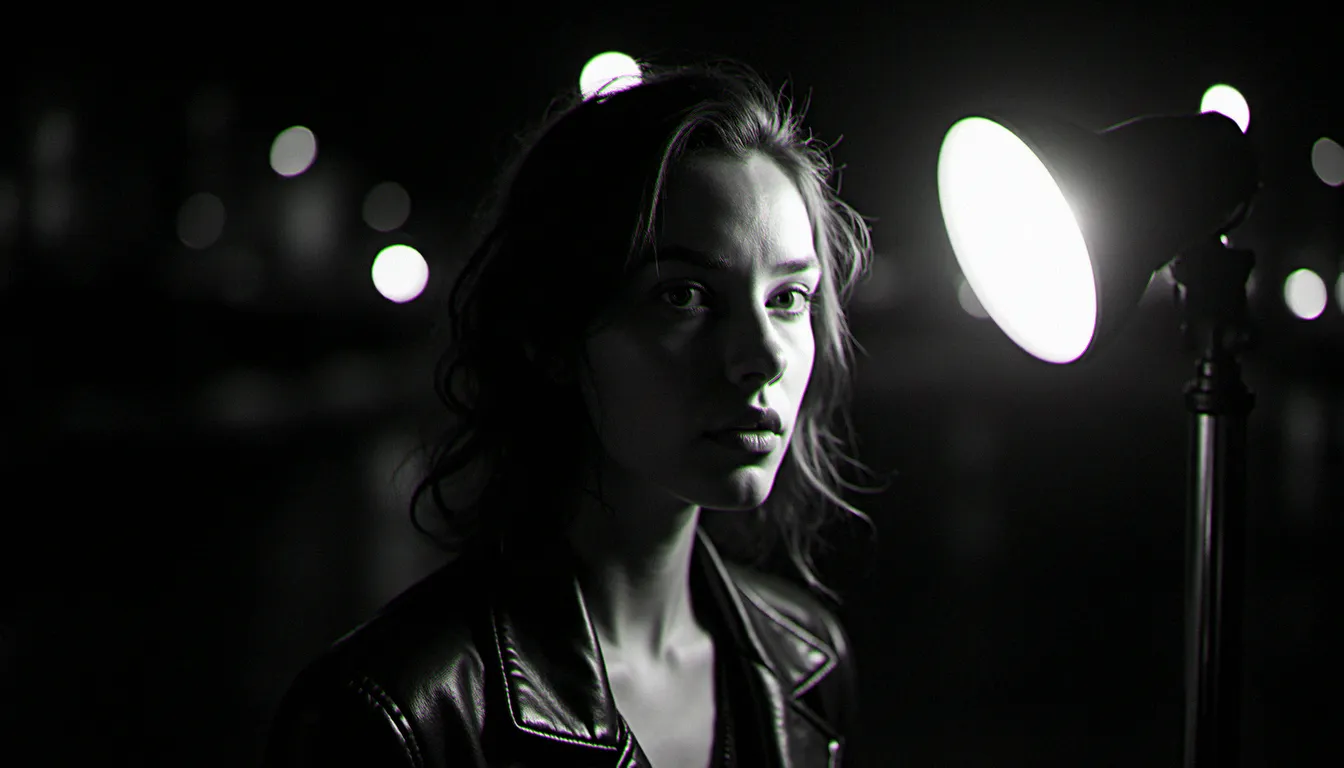 Portrait éditorial en noir et blanc illustrant un effet flash dur avec ombres tranchées et fond sombre, esthétique photographique documentaire des années 1990