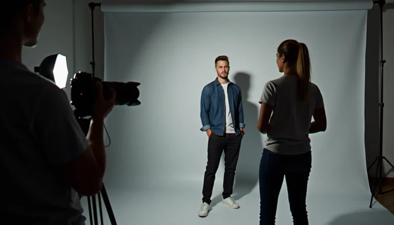 Photographe utilisant un flash déporté en studio pour créer une photo effet flash sur un portrait masculin avec fond gris et éclairage latéral dramatique