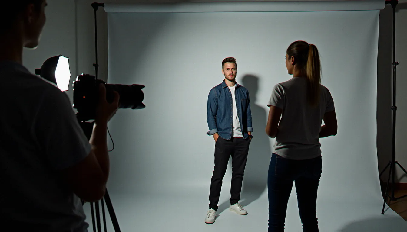Photographe utilisant un flash déporté en studio pour créer une photo effet flash sur un portrait masculin avec fond gris et éclairage latéral dramatique
