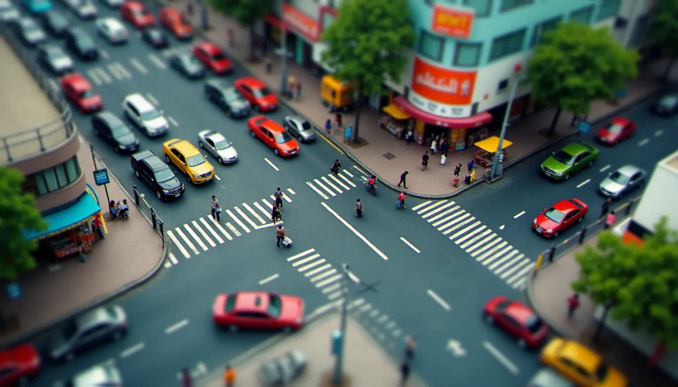 Vue aérienne d'un carrefour urbain animé avec effet miniature tilt-shift, couleurs saturées et flou progressif