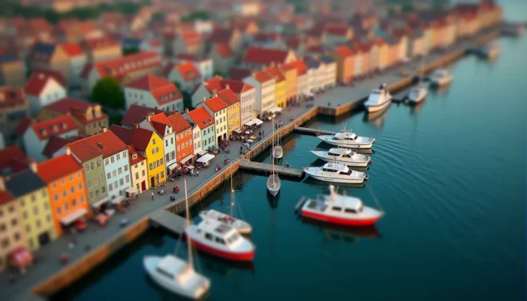 Photo effet miniature d'un port vu en plongée, avec bateaux et piétons miniaturisés par le flou tilt-shift