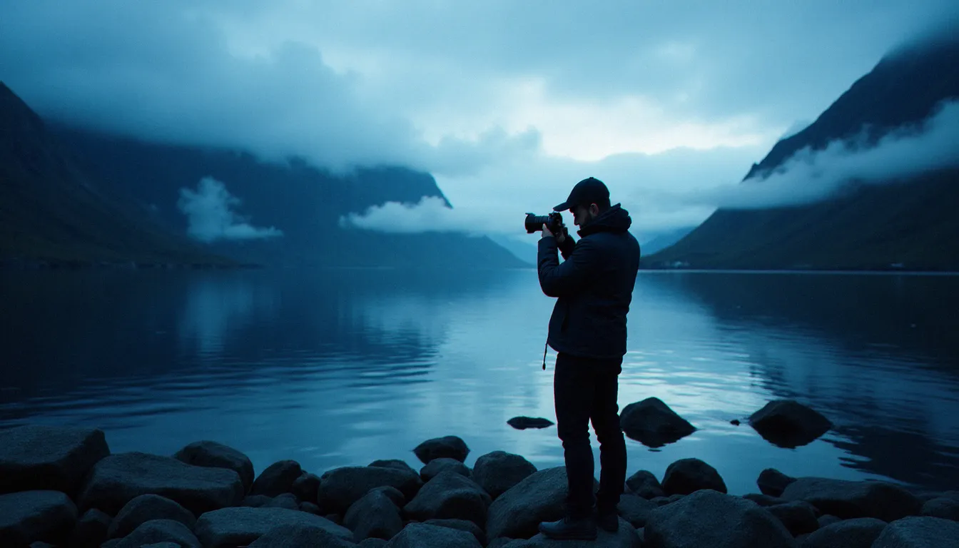 Photographe analysant la lumière nordique au bord d'un fjord norvégien à l'heure bleue, avec équipement photo professionnel protégé contre l'humidité