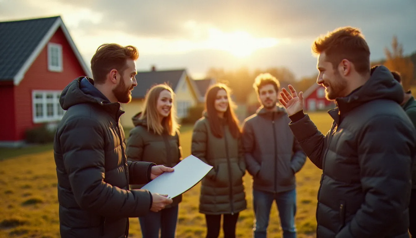 Direction d'un groupe de six personnes lors d'une photo équipe en Norvège en automne, avec réflecteur et lumière naturelle automnale dans un village aux maisons colorées