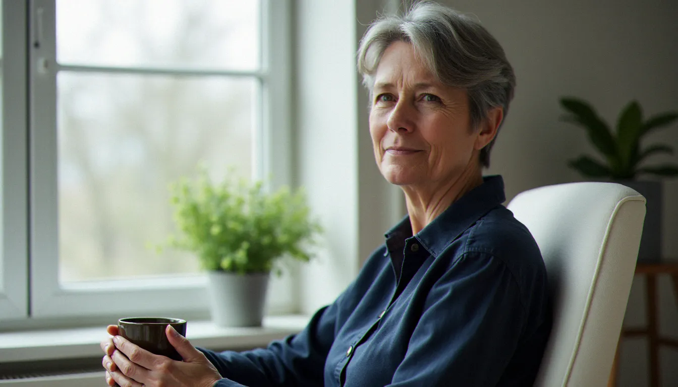 Femme de 40 ans photographiée en lumière de fenêtre diffuse, assise de profil, mains posées sur une tasse, portrait intérieur naturel et doux