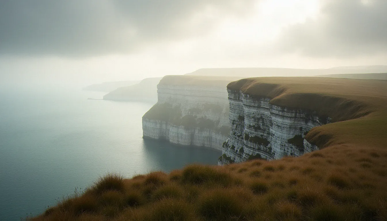 Vue depuis le Cap Blanc-Nez en direction des côtes anglaises, lumière diffuse d'automne sur la Manche et les falaises de craie