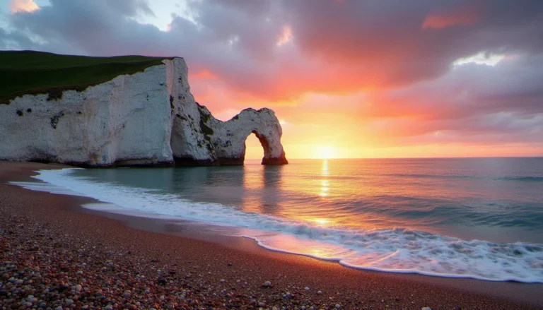Photo France Angleterre — les falaises d'Étretat au lever du soleil, avec l'arche naturelle de la Porte d'Aval et l'Aiguille en lumière dorée