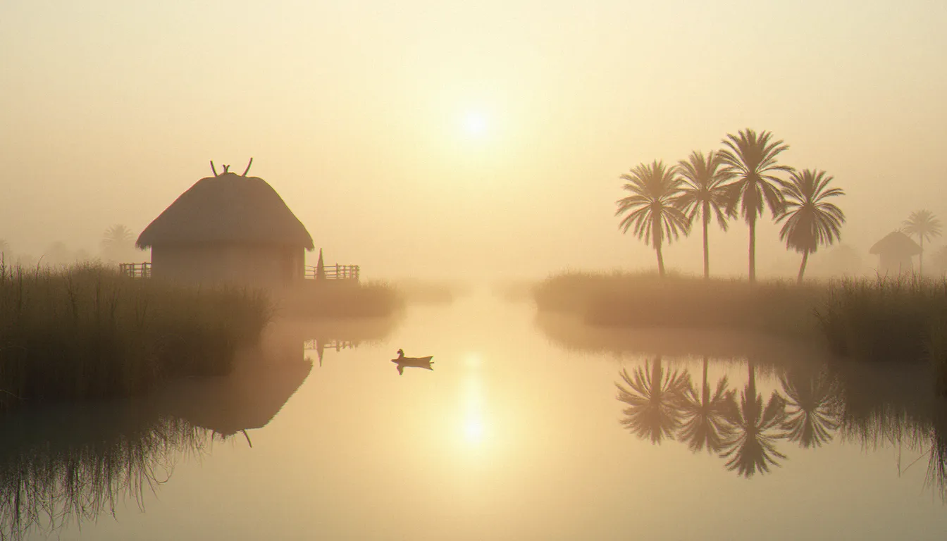 Paysage des marais mésopotamiens irakiens au lever du jour, lumière douce et réfléchie sur l'eau entre les roseaux, site UNESCO des Ahwar