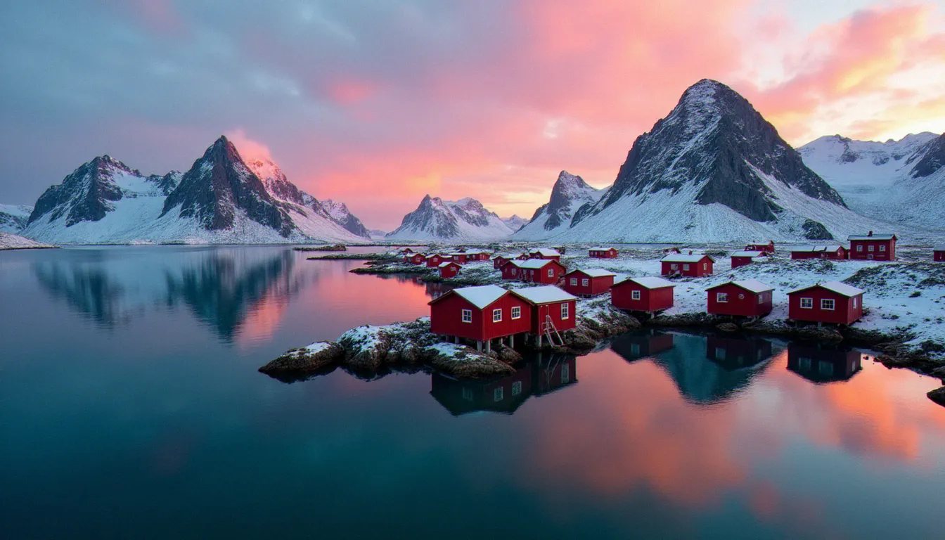 Vue aérienne des îles Lofoten en Norvège sous le soleil de minuit, avec les cabanes de pêcheurs rouges et les montagnes déchiquetées