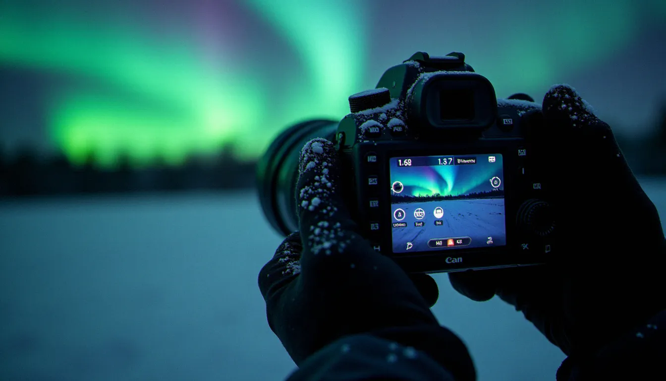 Appareil photo avec réglages nocturnes pour aurores boréales en Norvège, illustrant la technique de prise de vue dans des conditions extrêmes