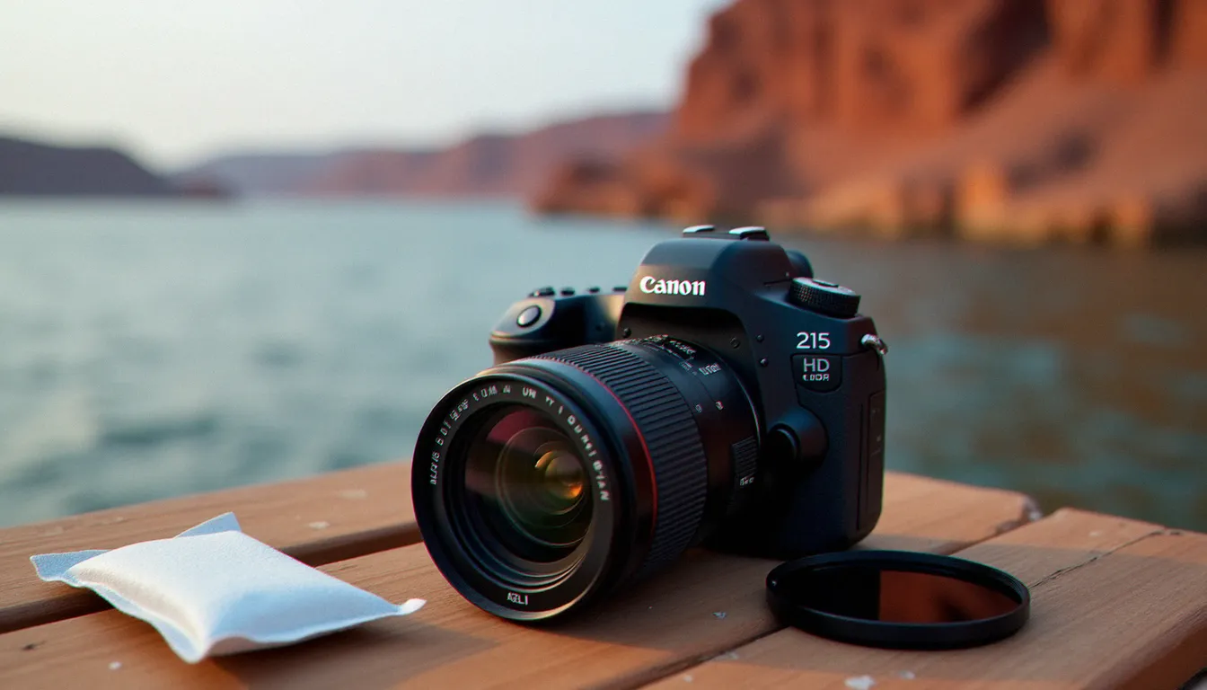 Équipement photographique pour la photo France Sénégal : boîtier reflex avec objectif 85mm, filtre polarisant et sachets anti-humidité pour protéger le matériel dans les deux environnements