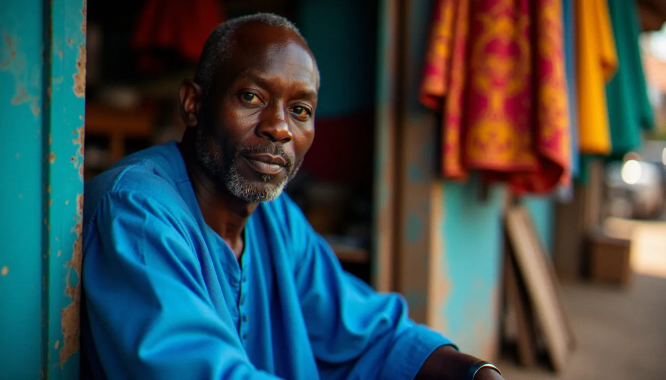 Portrait en lumière naturelle latérale d'un homme sénégalais en boubou bleu à l'ombre d'une boutique du marché de Dakar, technique de portrait interculturel appliquée à la photo France Sénégal