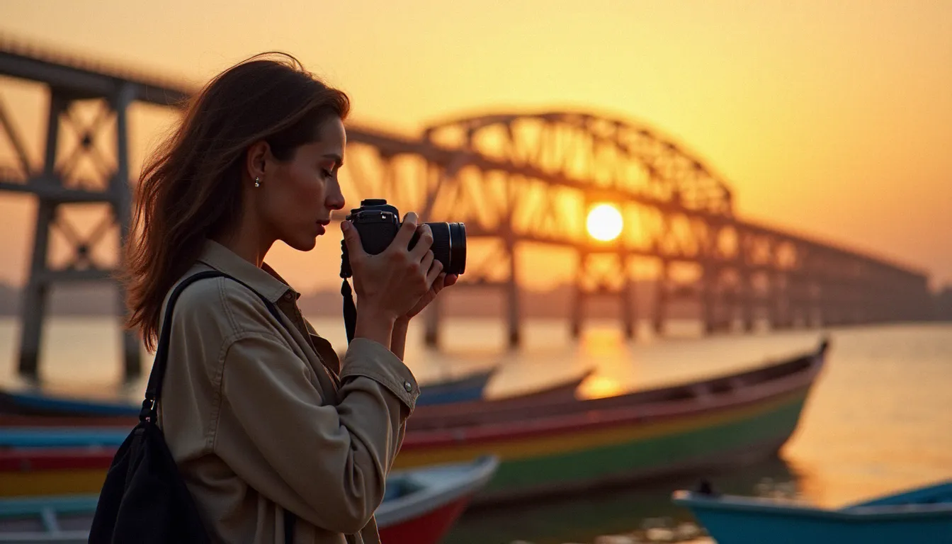 Photographe française capturant la lumière dorée du matin sur le pont Faidherbe et les pirogues de pêcheurs à Saint-Louis du Sénégal, illustration de la photo France Sénégal en lumière naturelle