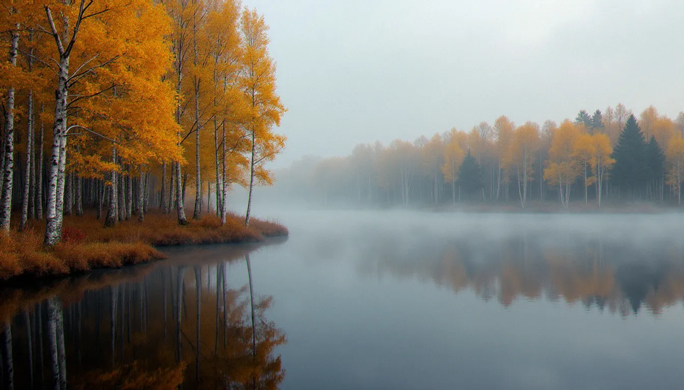 Forêt de bouleaux en automne en Dalécarlie, Suède, avec reflet dans un lac calme, lumière diffuse nordique typique d'un projet photo France Suède