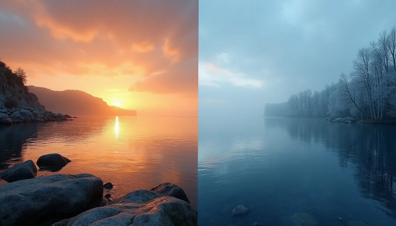 Comparaison de la lumière naturelle en photo France Suède, entre lumière dorée atlantique et heure bleue nordique sur un lac