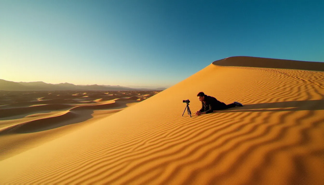 Photographe allongé sur les dunes du désert de Dasht-e Kavir en Iran au lever du soleil, ombres portées sur le sable doré