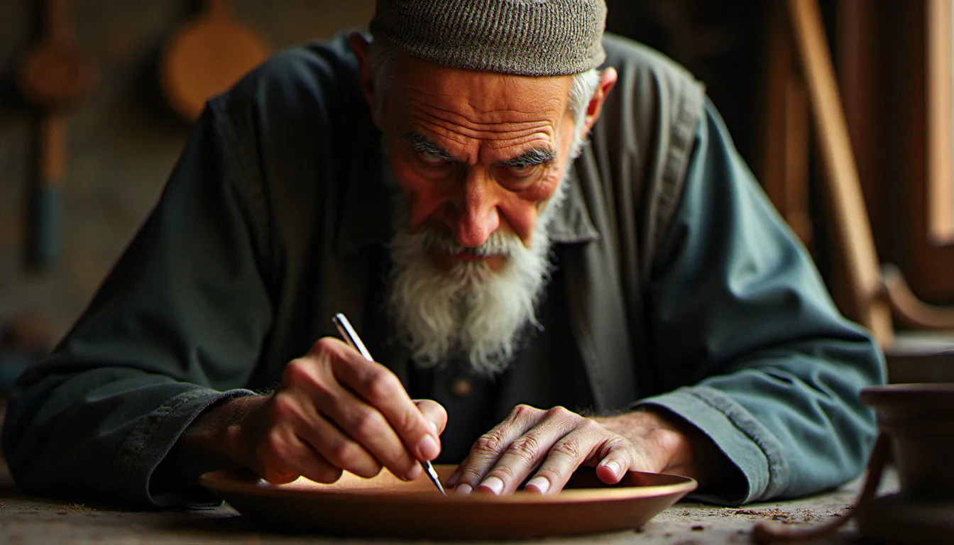 Portrait d'un artisan dinandier iranien dans le bazar couvert de Tabriz, lumière zénithale naturelle éclairant son visage et son travail en cuivre