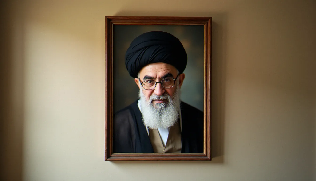 Portrait encadré d'un leader religieux iranien dans un bureau administratif, montrant les codes visuels et l'éclairage caractéristiques des photos officielles institutionnelles iraniennes