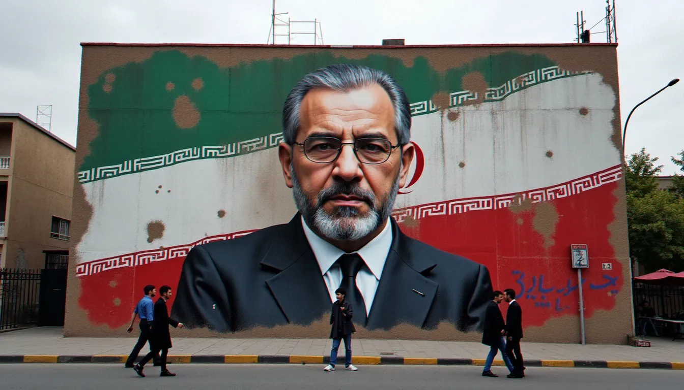 Fresque murale géante représentant le portrait du guide suprême iranien sur une façade urbaine de Téhéran, illustrant la diffusion massive de ces images dans l'espace public iranien