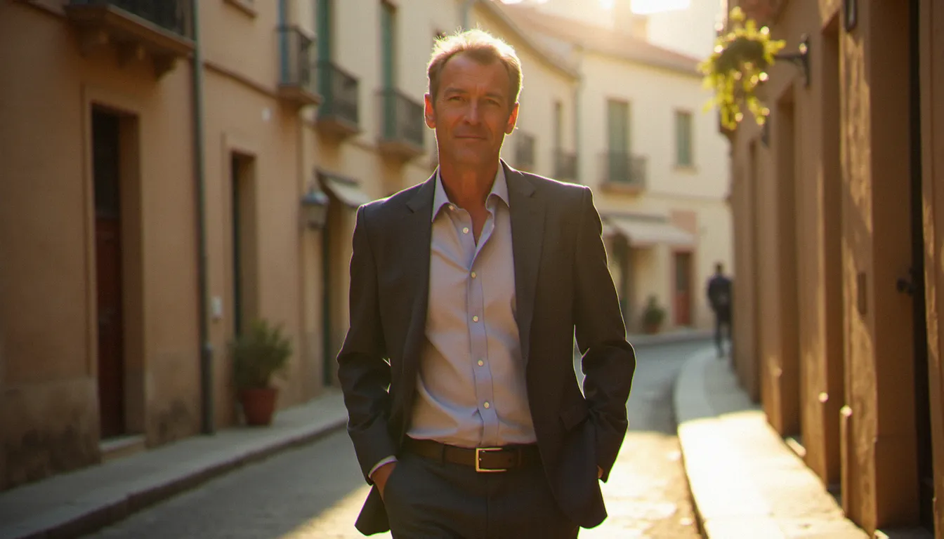 Homme photographié en lumière naturelle dorée dans une ruelle d'une ville côtière française, posture décontractée et expression authentique